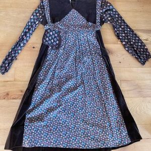 Memorable Brown Velvet Dress, Floral Accent Cotton, Empire Waist (maternity ok)